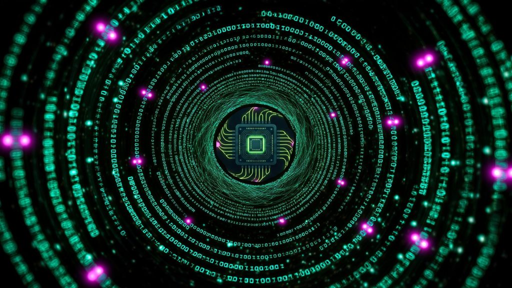 An abstract visualization of a recursive code loop — glowing lime-green (#a3e635) lines of code forming a circular, self-referential spiral on a near-black (#090c0f) background. At the center, a stylized CPU chip icon in dark teal. Fuchsia (#e879f9) nodes mark connection points in the loop. Fragments of code text float at the edges, slightly blurred. The overall mood is cool, cerebral, quietly ominous — like watching a mind think about itself. No text overlaid. Clean, minimal, futuristic aesthetic. 16:9.