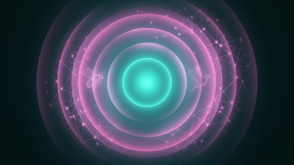A dark teal-and-fuchsia abstract scene: a glowing central node surrounded by concentric translucent rings of light fading outward, with faint silhouettes of a bee, a bird, and a neural-network pattern subtly embedded within the rings
